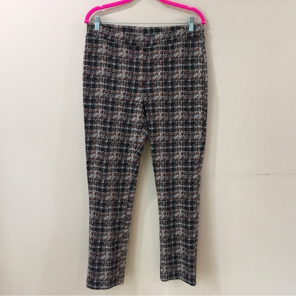 Joseph Ribkoff Women 12 Brown Plaid Knit Jacquard Pull On Pants Classic